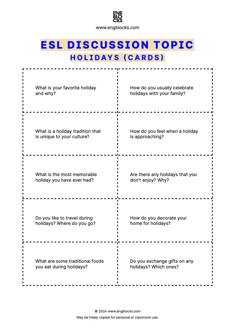 ESL Discussion Topic Worksheet about Holidays for speaking practice in the ESL Classroom (cards format)