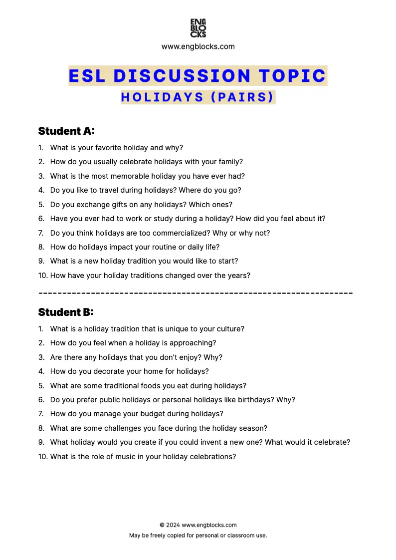 ESL Discussion Topic Worksheet about Holidays for speaking practice in the ESL Classroom (pair work format)