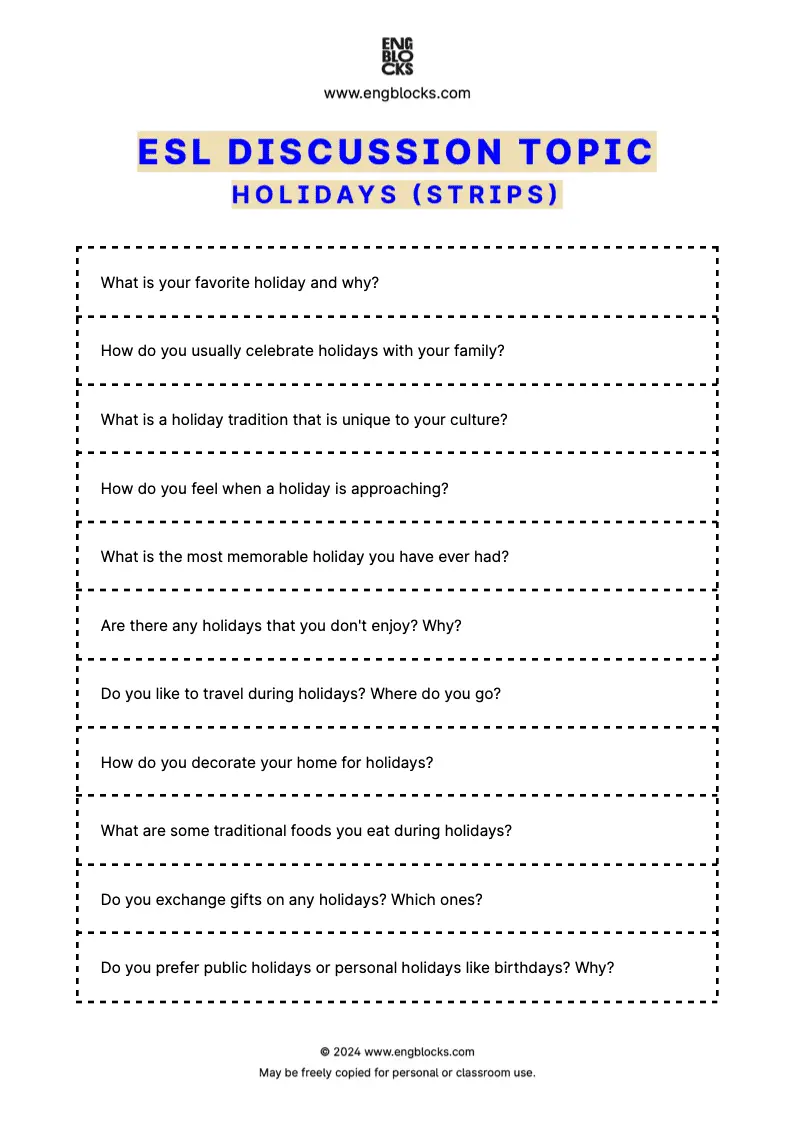 ESL Discussion Topic Worksheet about Holidays for speaking practice in the ESL Classroom (strips format)