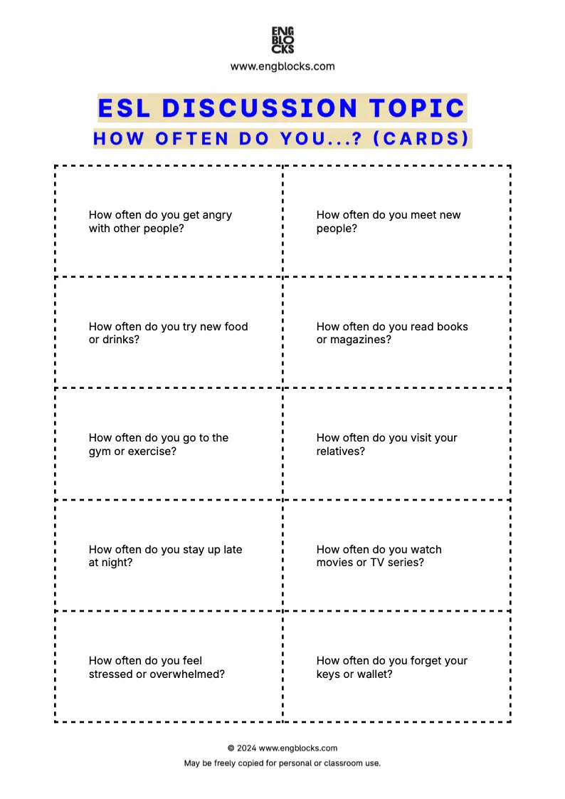 ESL worksheet to reflect on daily routines, habits, and personal experiences (strips format)