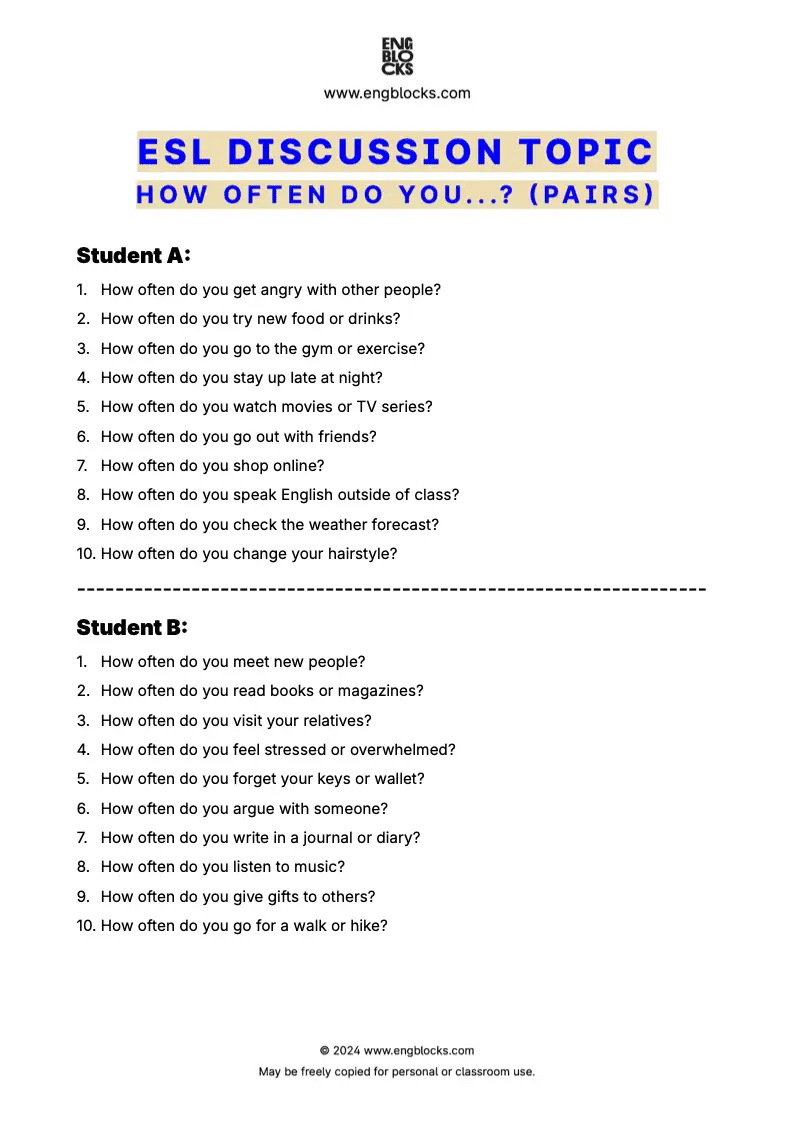ESL worksheet to reflect on daily routines, habits, and personal experiences (pair work format)