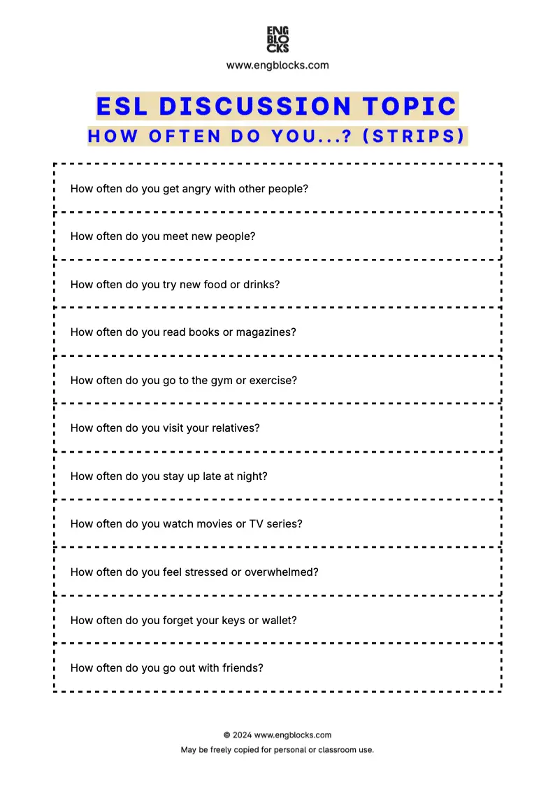 ESL worksheet to reflect on daily routines, habits, and personal experiences (cards format)