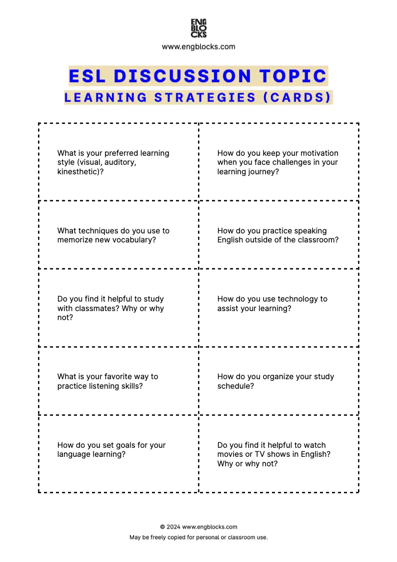 ESL Discussion Topic Worksheet about Learning Strategies for speaking practice in the ESL Classroom (cards format)