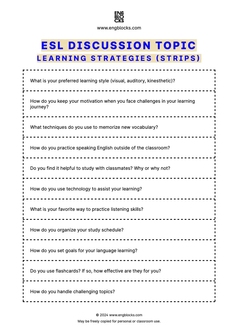 ESL Discussion Topic Worksheet about Learning Strategies for speaking practice in the ESL Classroom (strips format)
