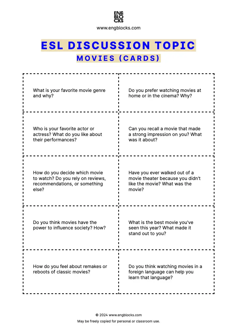 ESL Discussion Topic Worksheet about Movies for speaking practice in the ESL Classroom (cards format)