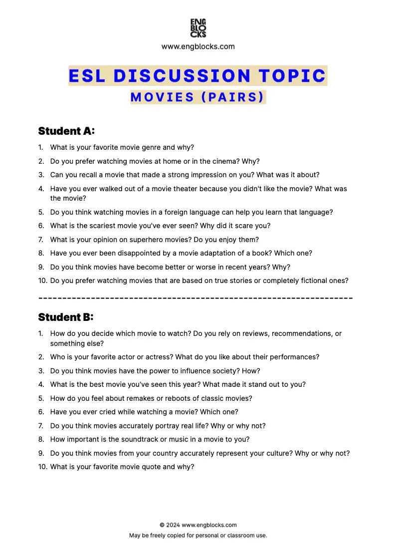 ESL Discussion Topic Worksheet about Movies for speaking practice in the ESL Classroom (pair work format)