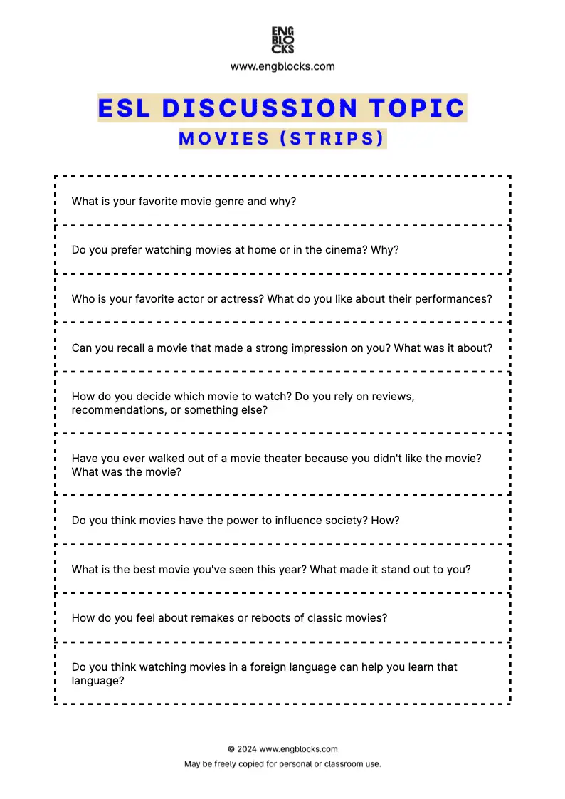 ESL Discussion Topic Worksheet about Movies for speaking practice in the ESL Classroom (strips format)