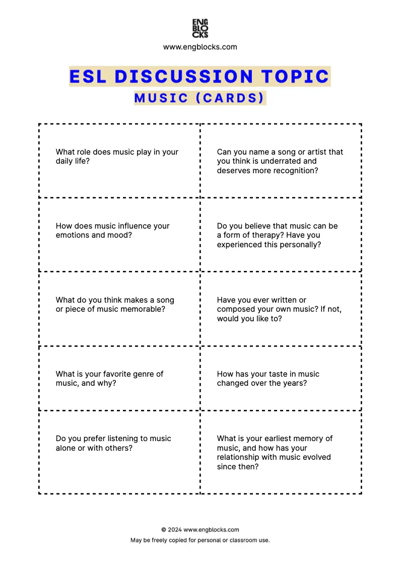 ESL Discussion Topic Worksheet about Music for speaking practice in the ESL Classroom (cards format)