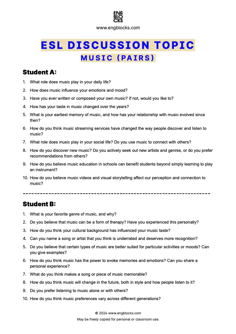 ESL Discussion Topic Worksheet about Music for speaking practice in the ESL Classroom (pair work format)