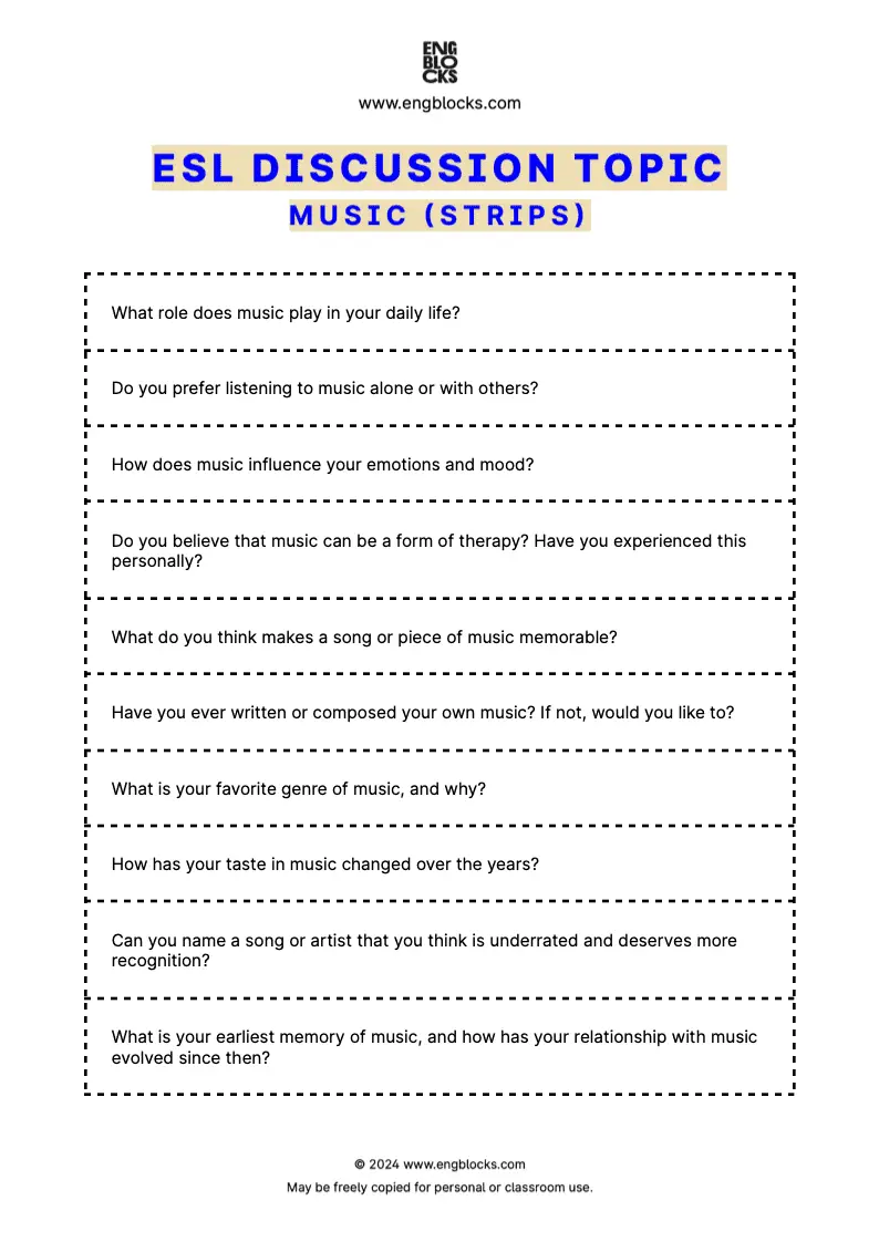 ESL Discussion Topic Worksheet about Music for speaking practice in the ESL Classroom (strips format)