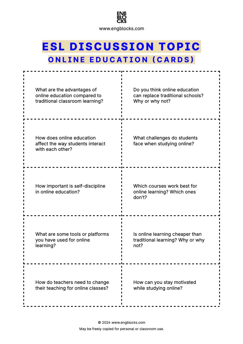 Worksheet for an ESL discussion topic on online education, featuring activities for students to discuss their experiences with digital learning (cards format)