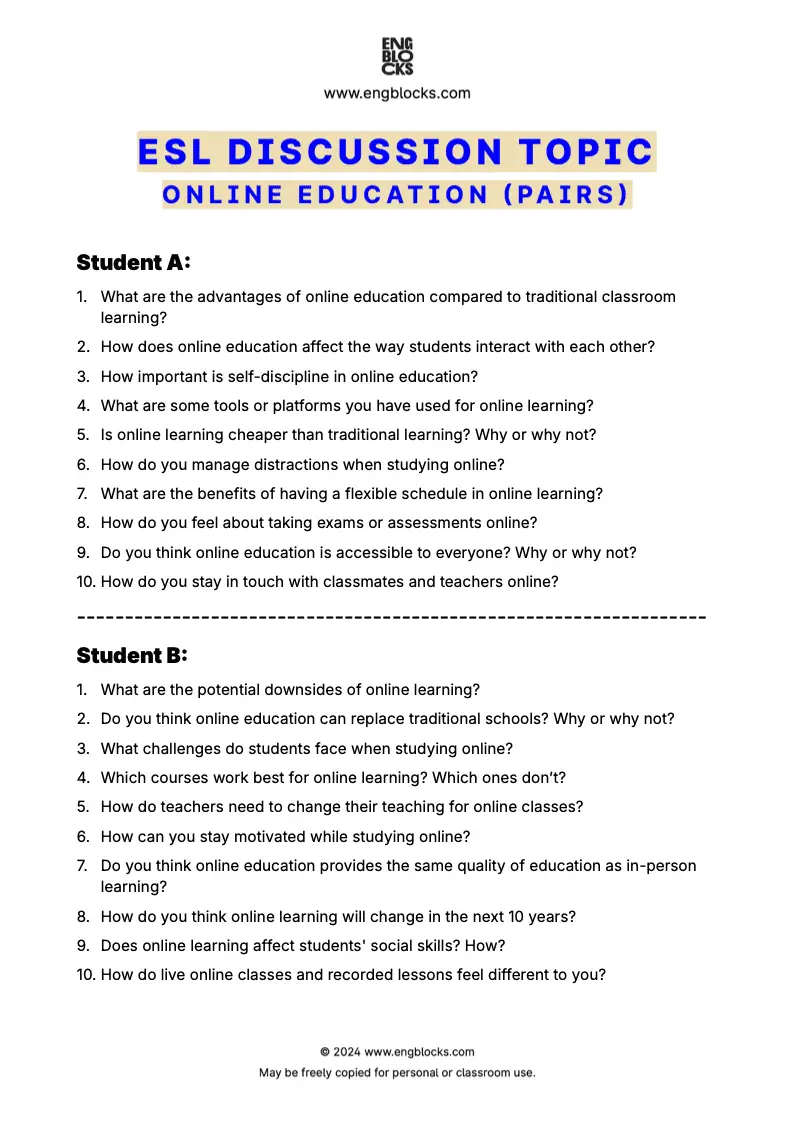 Worksheet for an ESL discussion topic on online education, featuring activities for students to discuss their experiences with digital learning (pair work format)