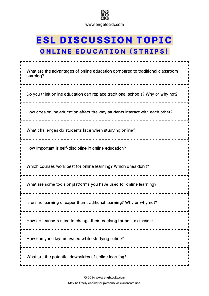Worksheet for an ESL discussion topic on online education, featuring activities for students to discuss their experiences with digital learning (strips format)