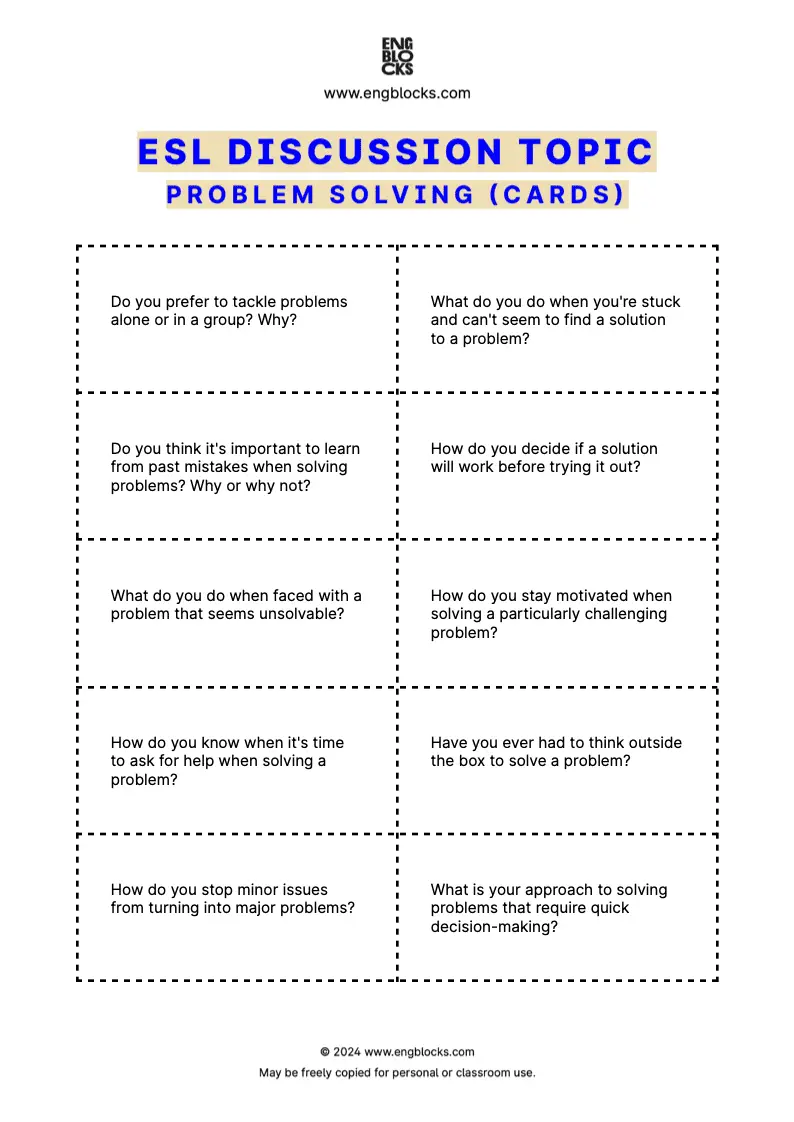 ESL Discussion Topic Worksheet about Problem Solving for speaking practice in the ESL Classroom (cards format)