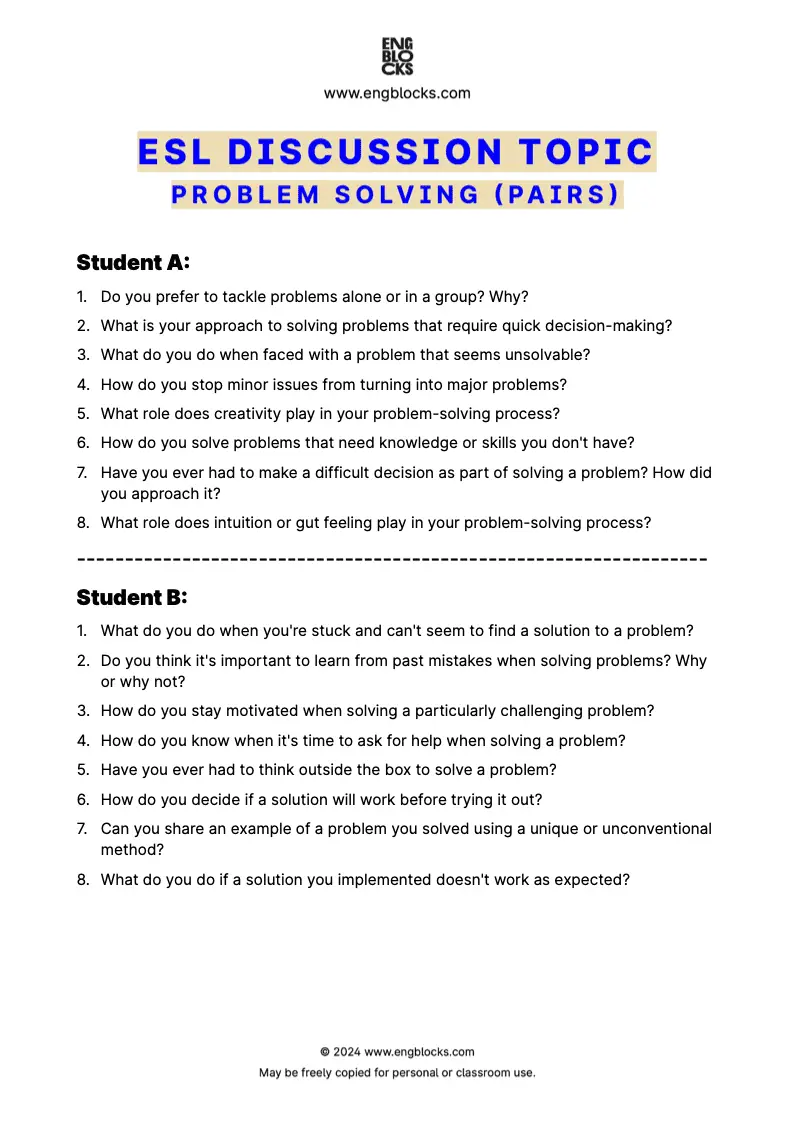 ESL Discussion Topic Worksheet about Problem Solving for speaking practice in the ESL Classroom (pair work format)