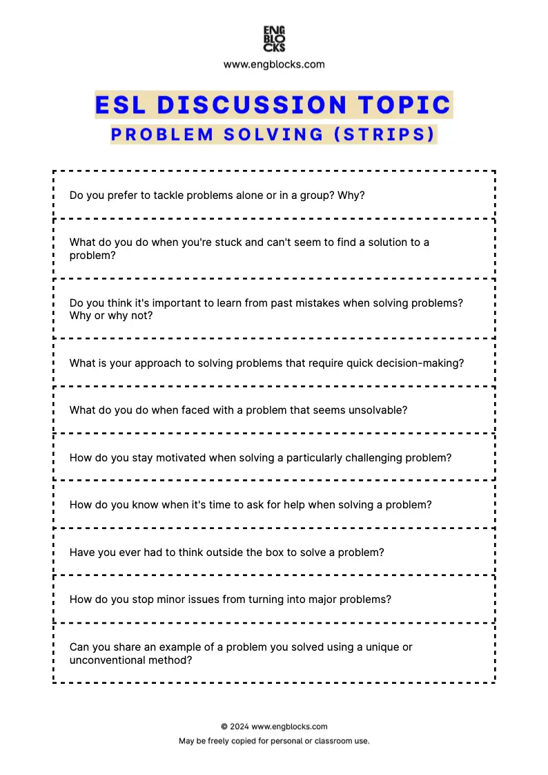 ESL Discussion Topic Worksheet about Problem Solving for speaking practice in the ESL Classroom (strips format)