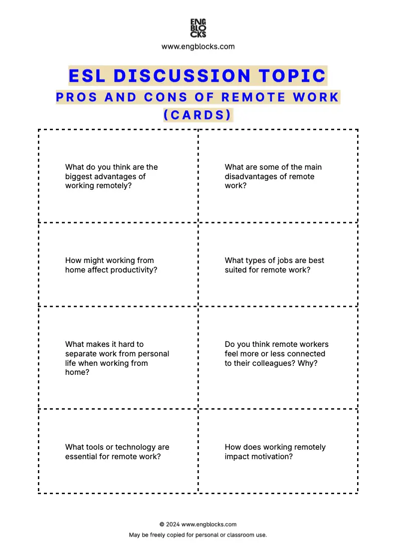 ESL discussion topic worksheet about the pros and cons of remote work (cards format)