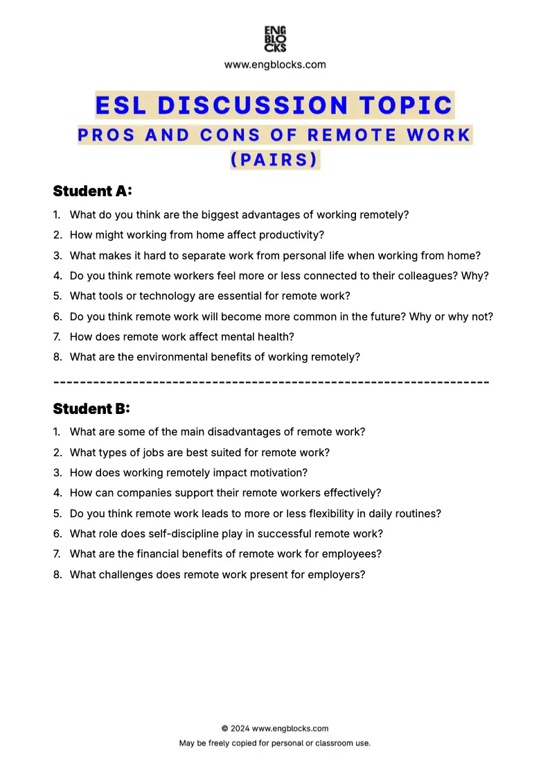 ESL discussion topic worksheet about the pros and cons of remote work (pair work format)
