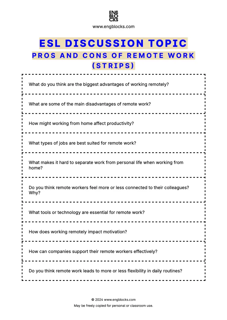 ESL discussion topic worksheet about the pros and cons of remote work (strips format)