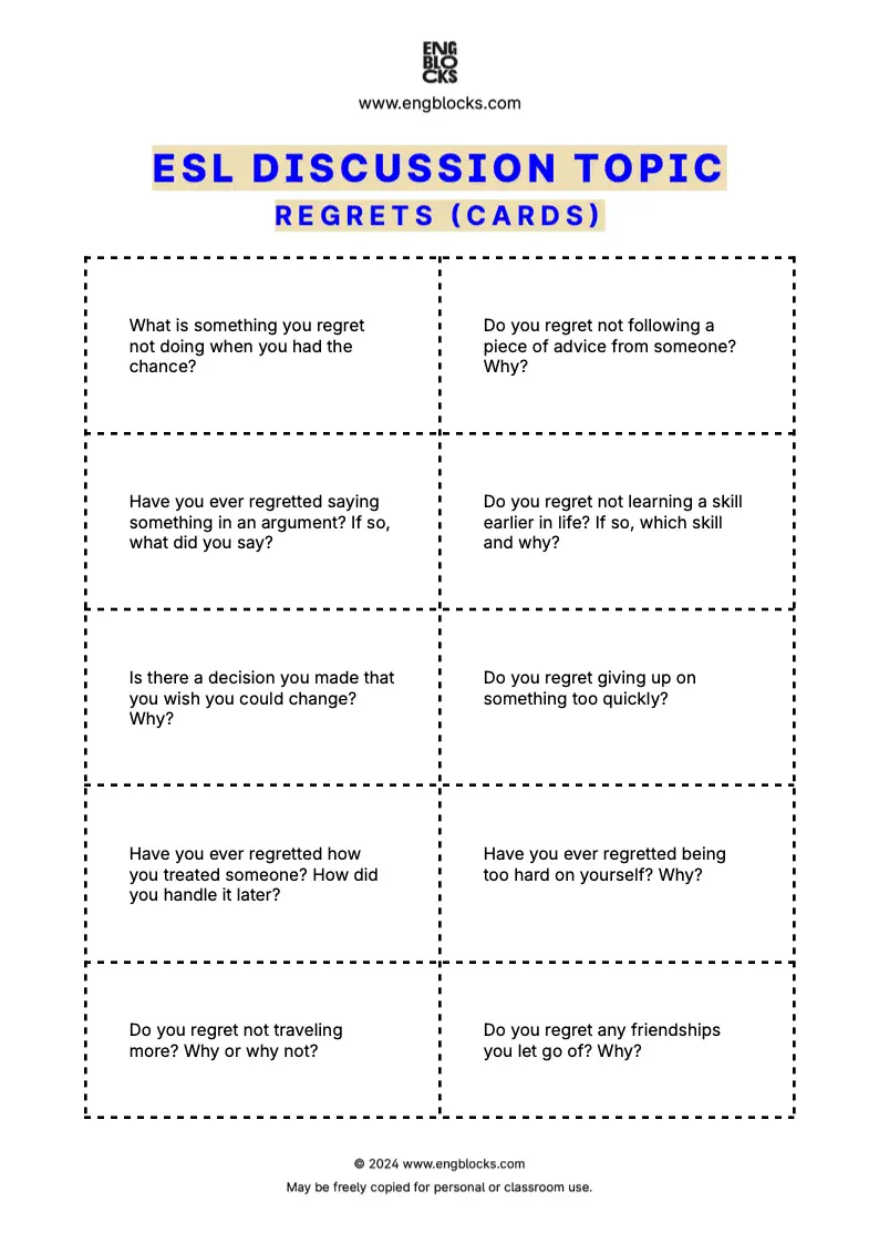 ESL discussion topic worksheet about regrets (cards format)