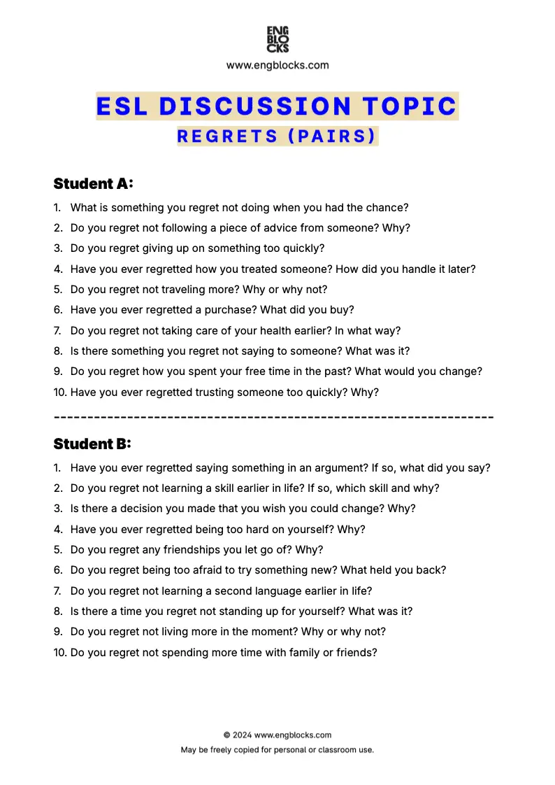 ESL discussion topic worksheet about regrets (pair work format)