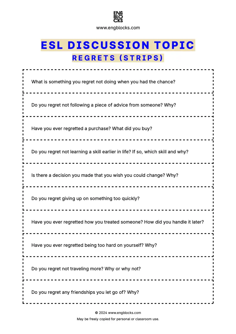 ESL discussion topic worksheet about regrets (strips format)