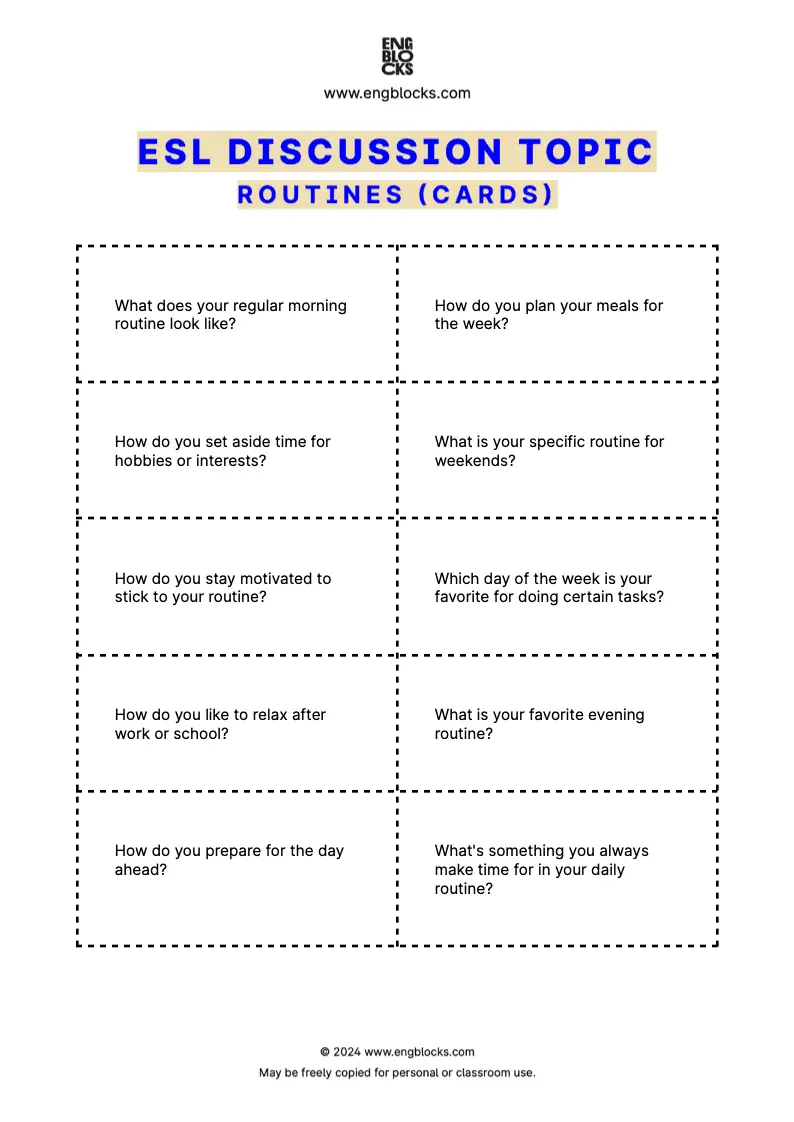 ESL Discussion Topic Worksheet about Routines for speaking practice in the ESL Classroom (cards format)