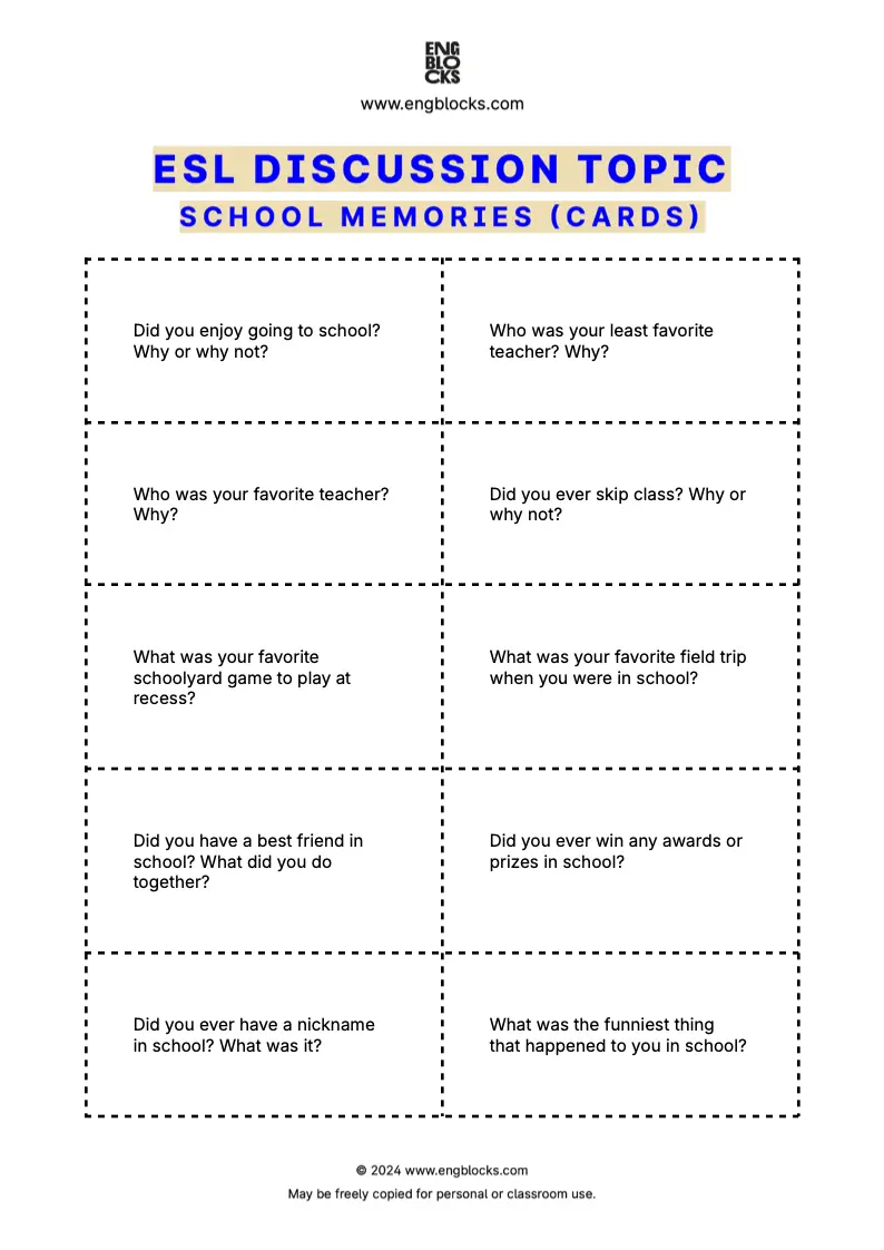ESL discussion topic worksheet about school memories (cards format)