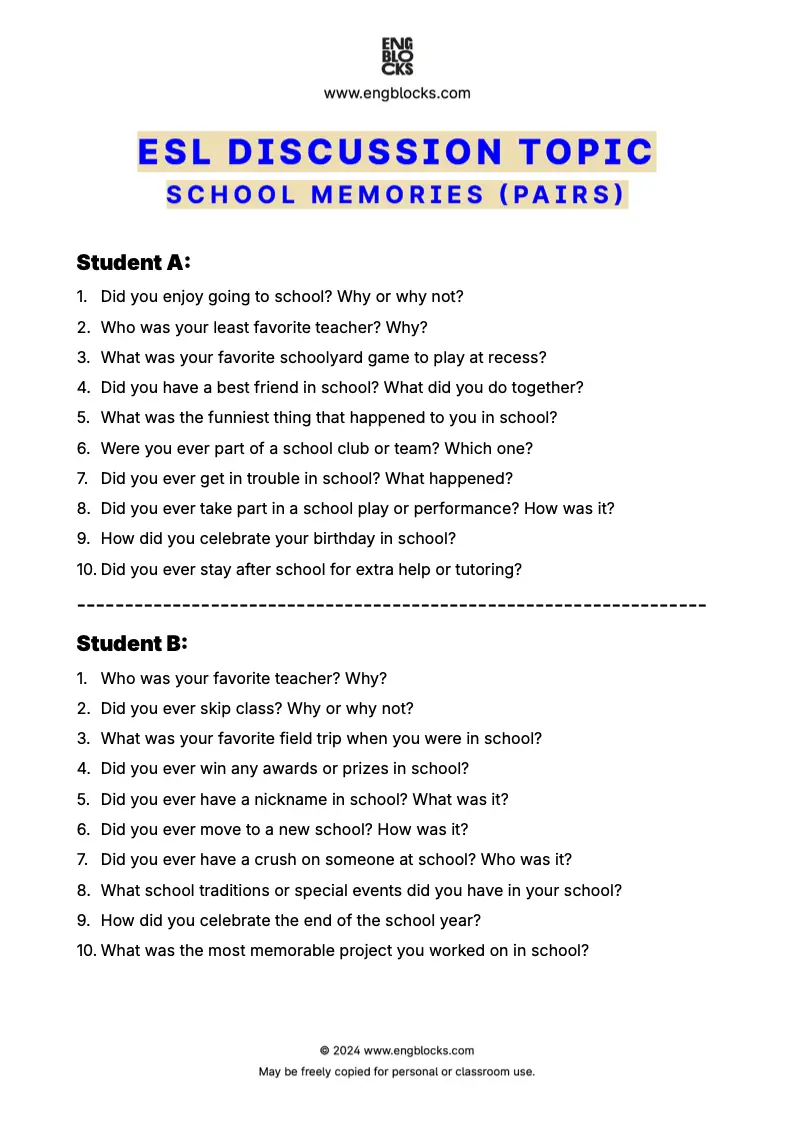 ESL discussion topic worksheet about school memories (pair work format)