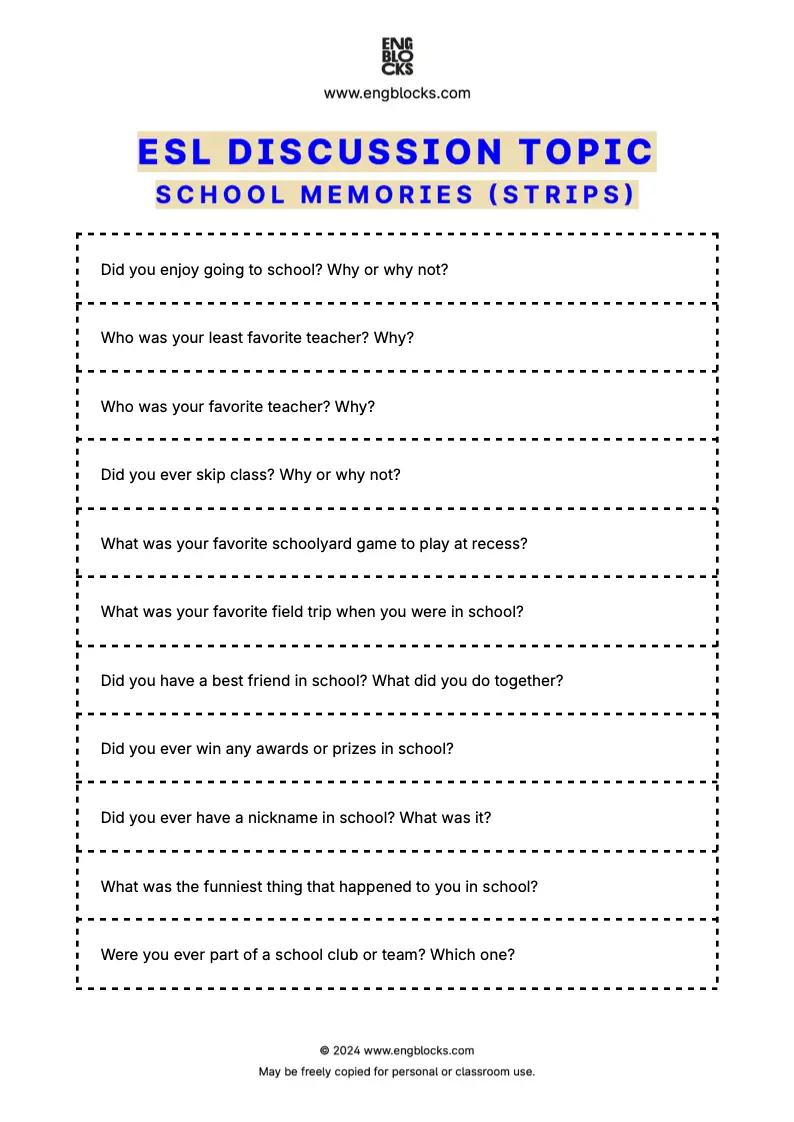 ESL discussion topic worksheet about school memories (strips format)