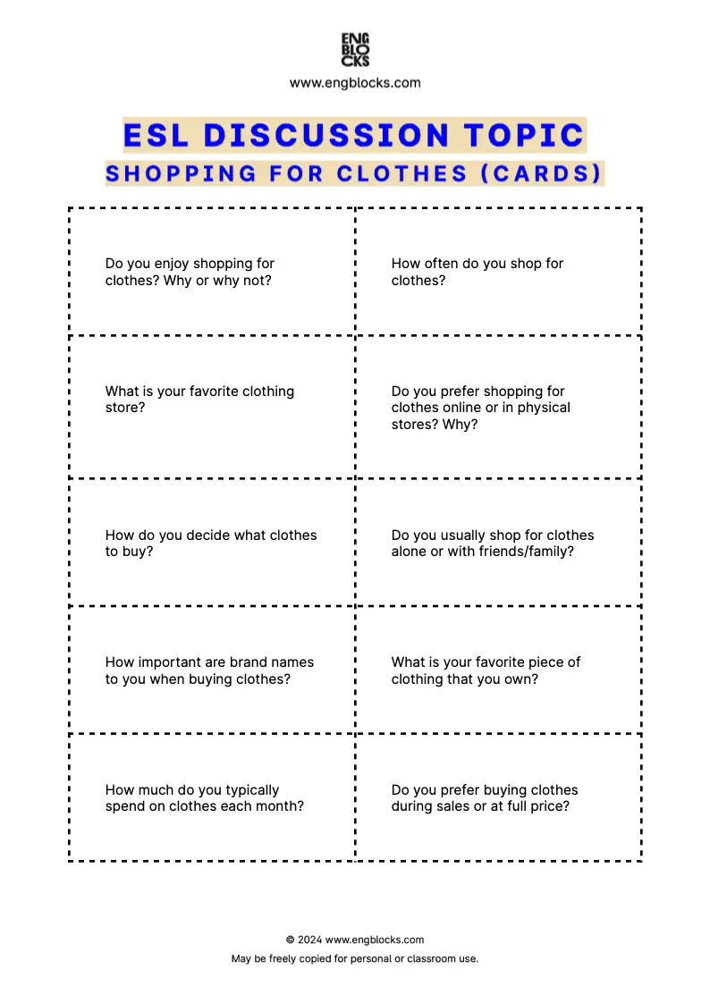 ESL Discussion Topic Worksheet about Shopping for Clothes for speaking practice in the ESL Classroom (cards format)