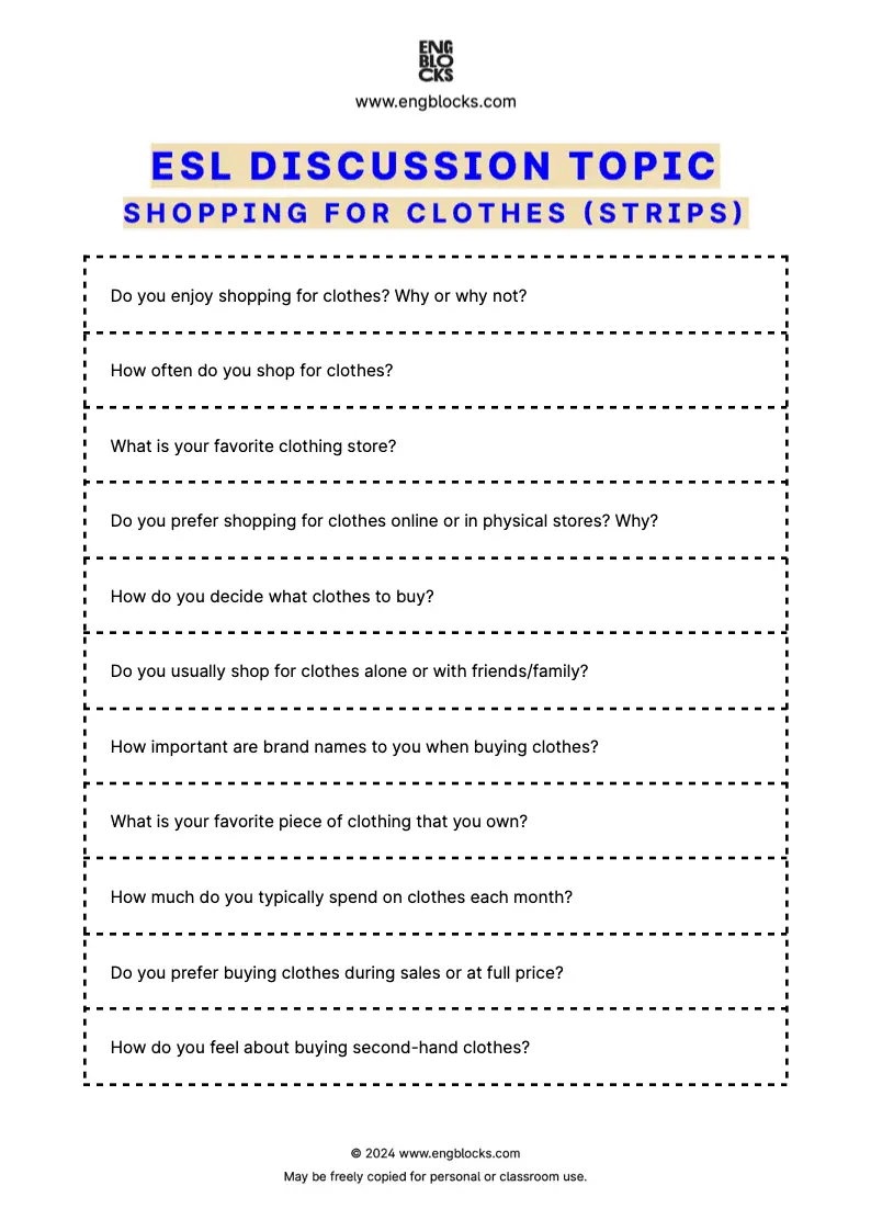 ESL Discussion Topic Worksheet about Shopping for Clothes for speaking practice in the ESL Classroom (strips format)