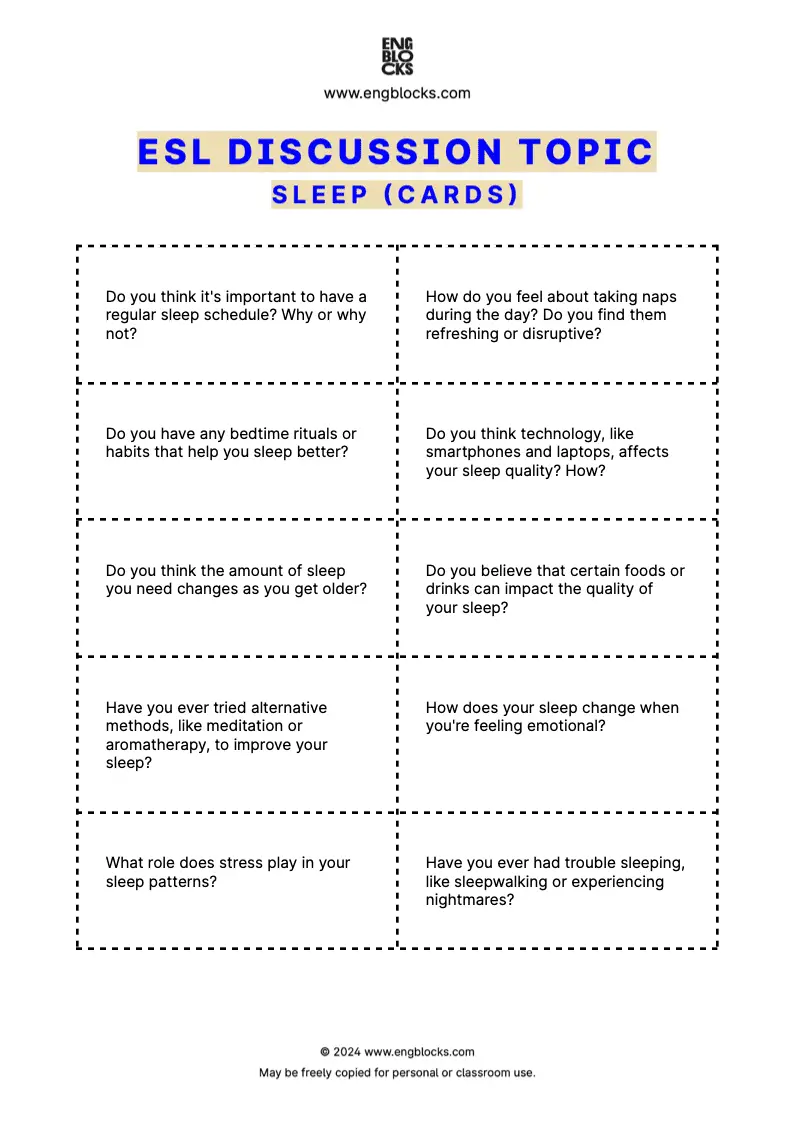 ESL Discussion Topic Worksheet about Sleep for speaking practice in the ESL Classroom (cards format)