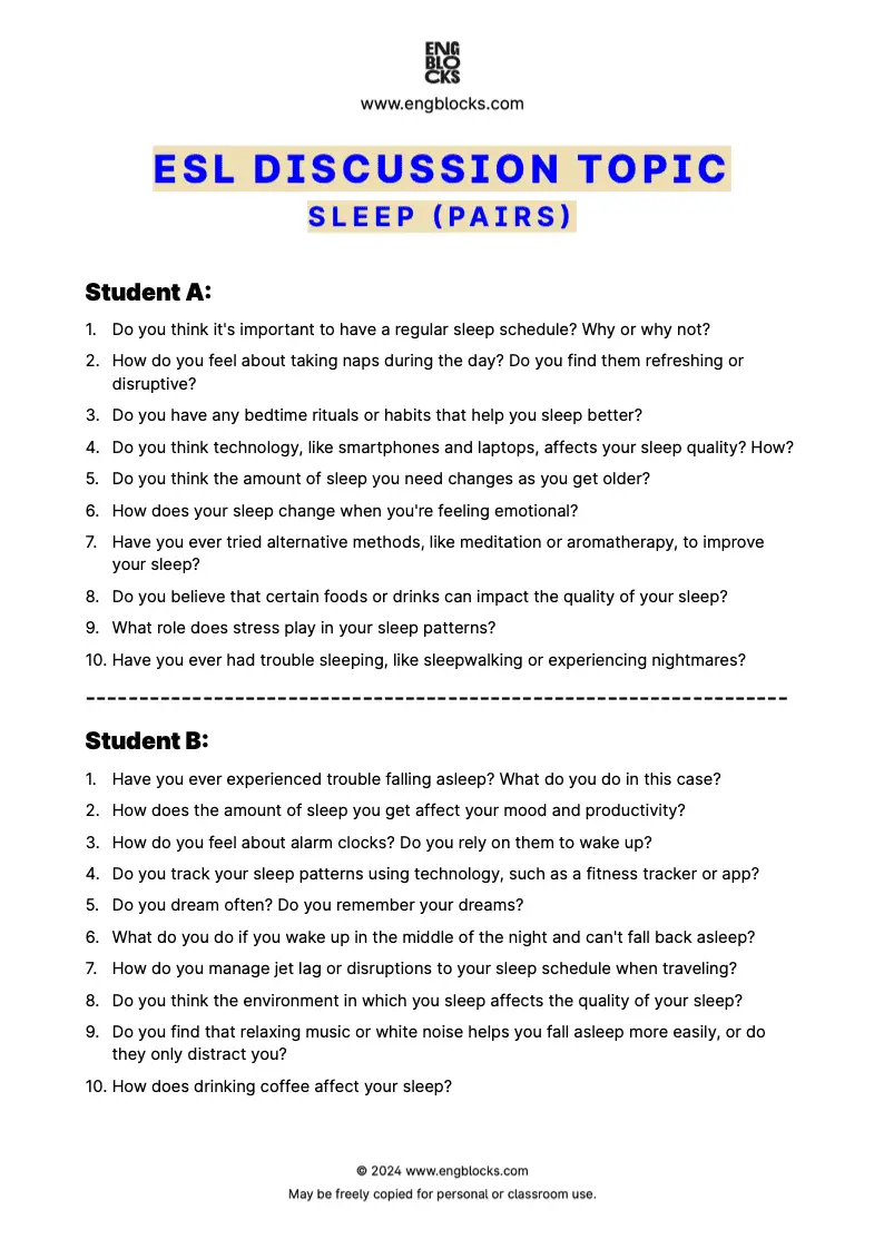 ESL Discussion Topic Worksheet about Sleep for speaking practice in the ESL Classroom (pair work format)