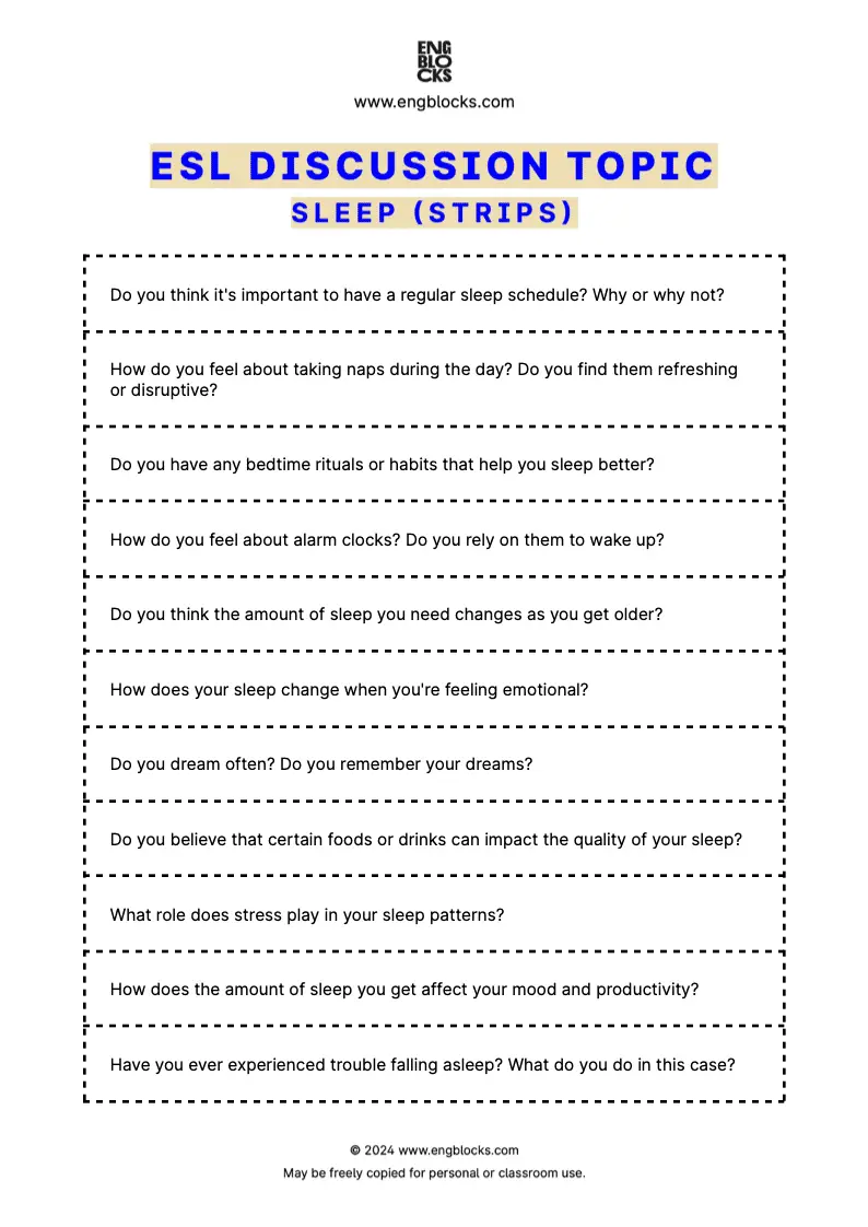 ESL Discussion Topic Worksheet about Sleep for speaking practice in the ESL Classroom (strips format)