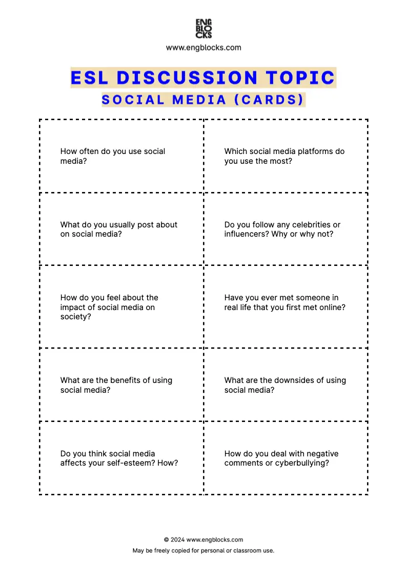 ESL Discussion Topic Worksheet about Social Media for speaking practice in the ESL Classroom (cards format)