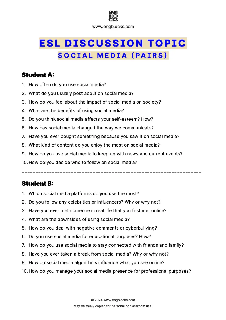 ESL Discussion Topic Worksheet about Social Media for speaking practice in the ESL Classroom (pair work format)
