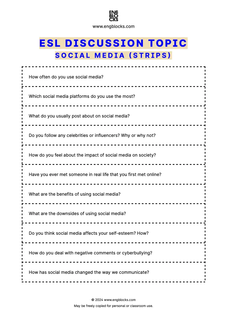 ESL Discussion Topic Worksheet about Social Media for speaking practice in the ESL Classroom (strips format)