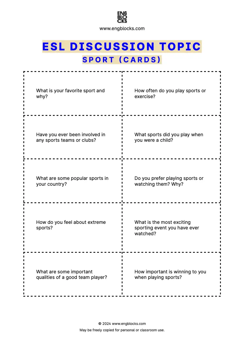 ESL Discussion Topic Worksheet about Sport for speaking practice in the ESL Classroom (cards format)