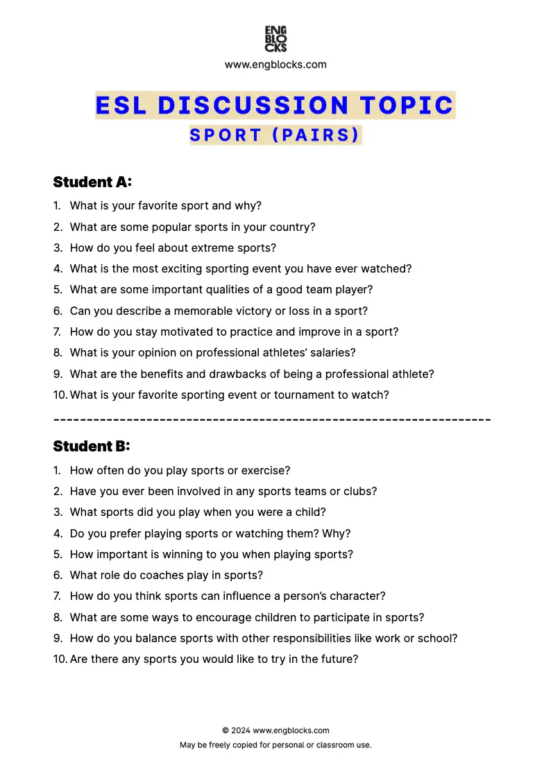ESL Discussion Topic Worksheet about Sport for speaking practice in the ESL Classroom (pair work format)