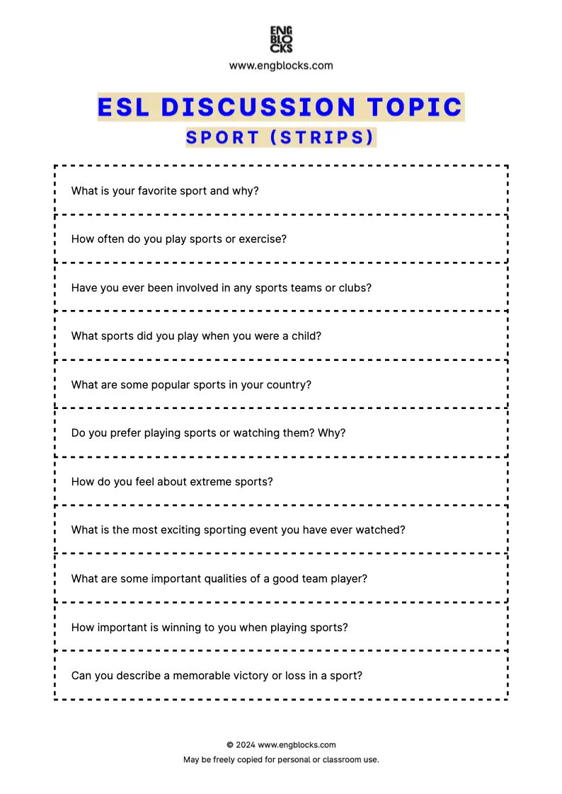 ESL Discussion Topic Worksheet about Sport for speaking practice in the ESL Classroom (strips format)