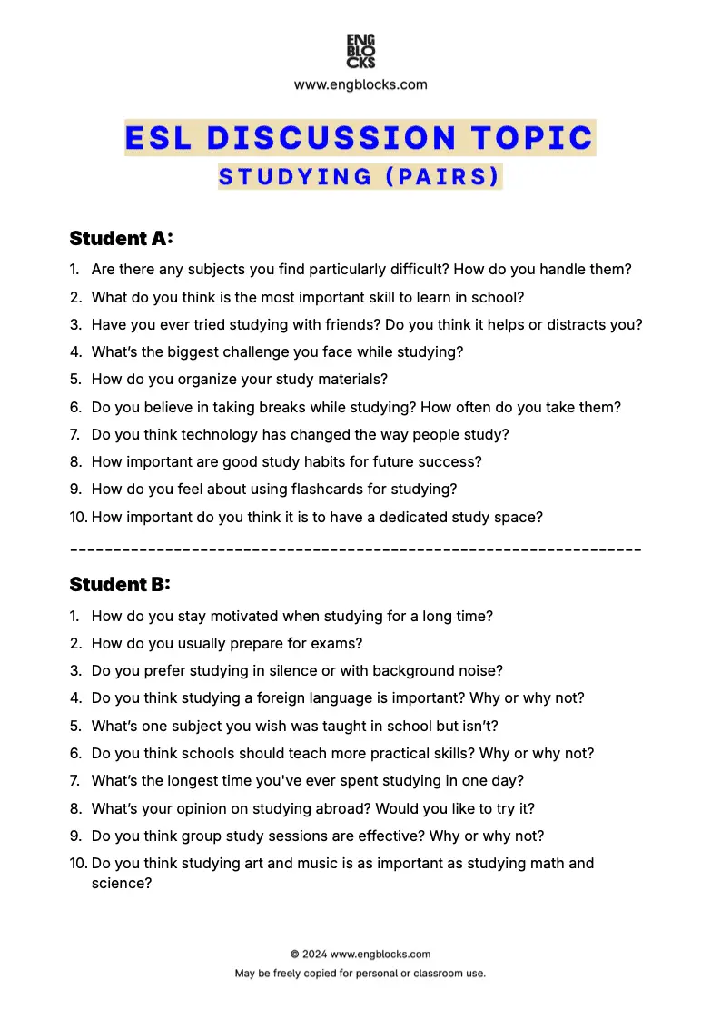 ESL discussion topic worksheet to talk about studying (pair work format)