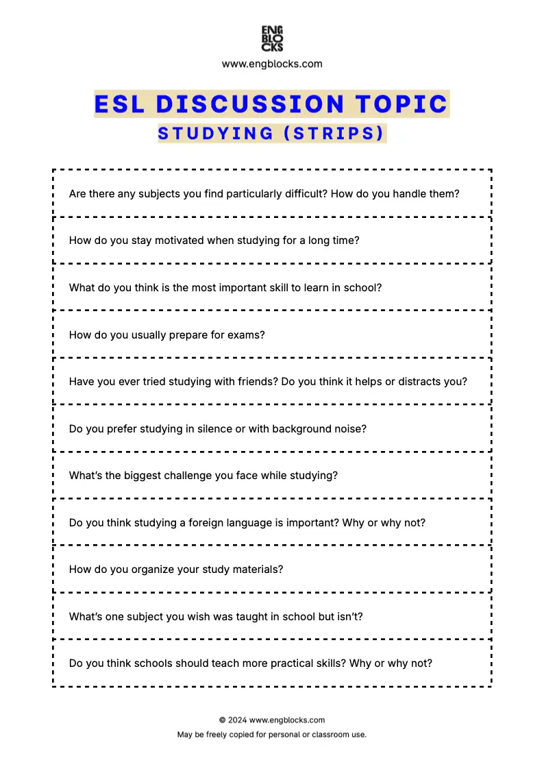ESL discussion topic worksheet to talk about studying (strips format)