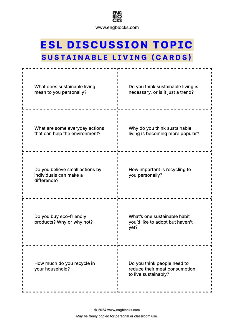 ESL discussion topic worksheet to talk about sustainable living (cards format)
