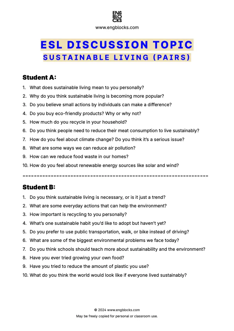 ESL discussion topic worksheet to talk about sustainable living (pair work format)