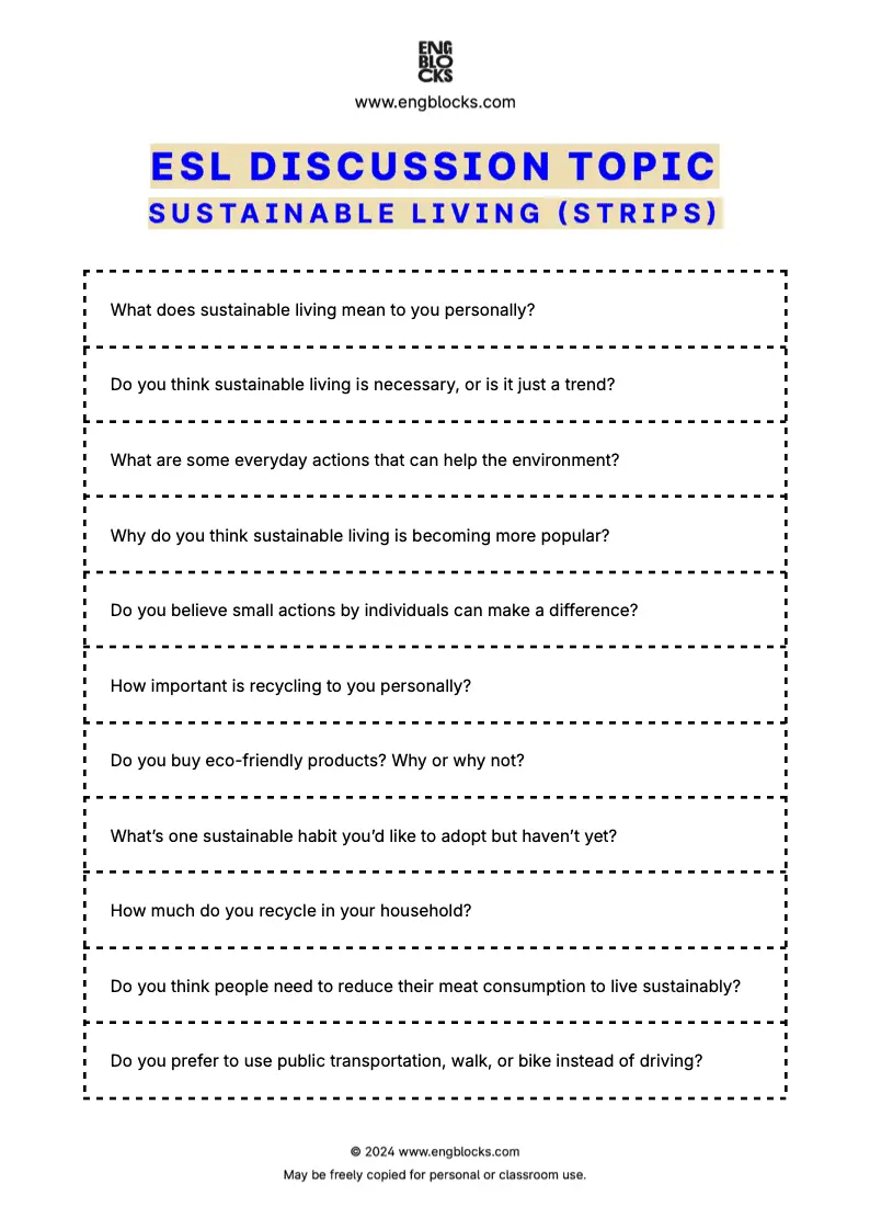 ESL discussion topic worksheet to talk about sustainable living (strips format)