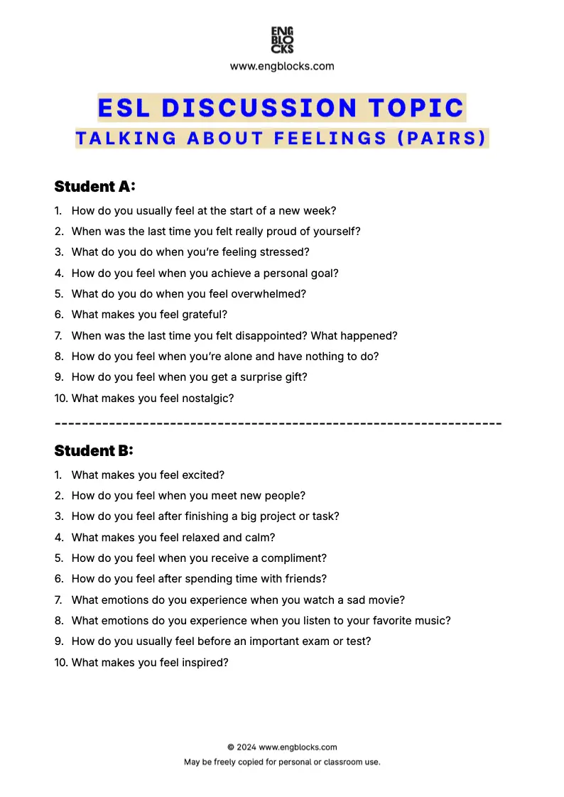 ESL speaking activity worksheet centered around discussing emotions and feelings in various contexts (pair work format)