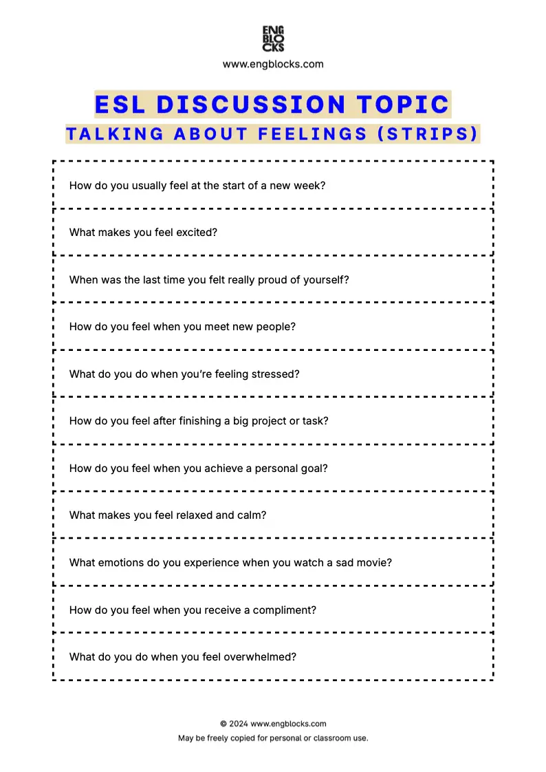 ESL speaking activity worksheet centered around discussing emotions and feelings in various contexts (strips format)
