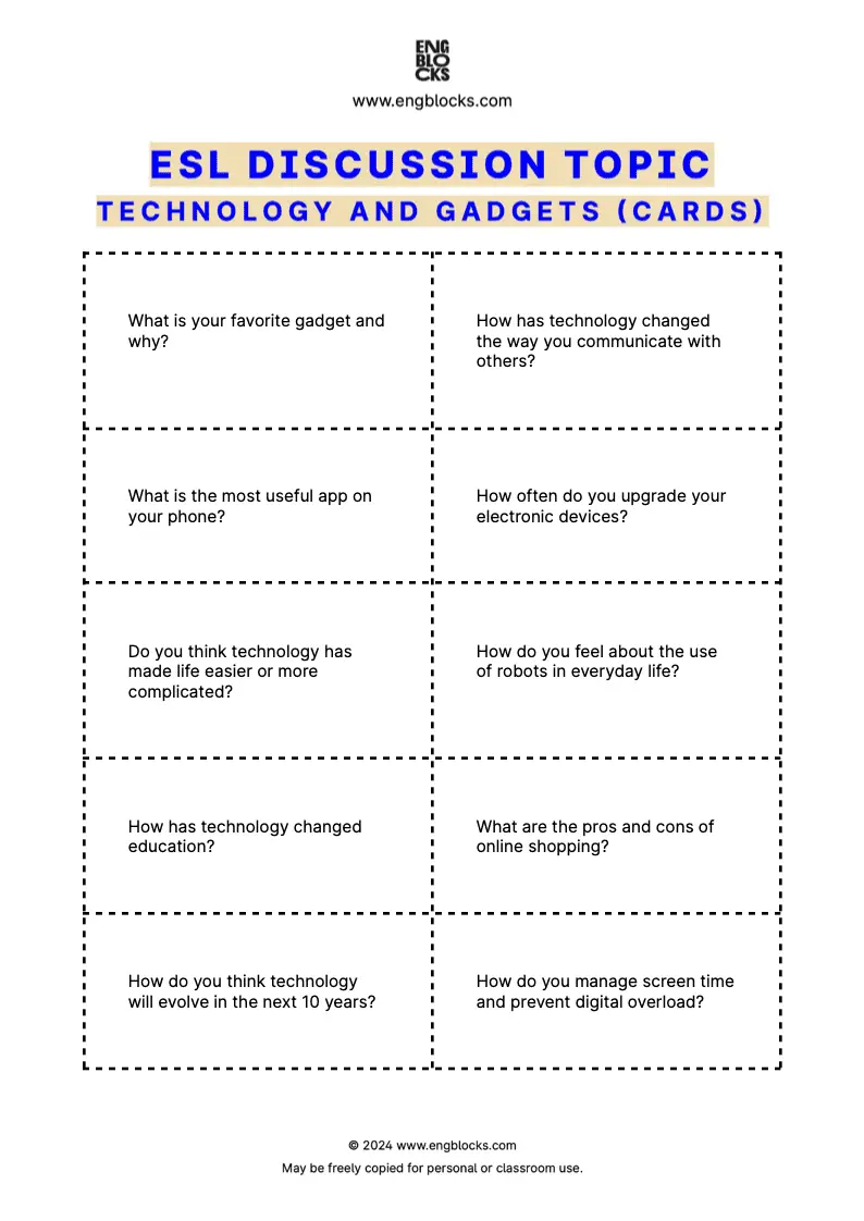 ESL Discussion Topic Worksheet about Technology and Gadgets for speaking practice in the ESL Classroom (cards format)