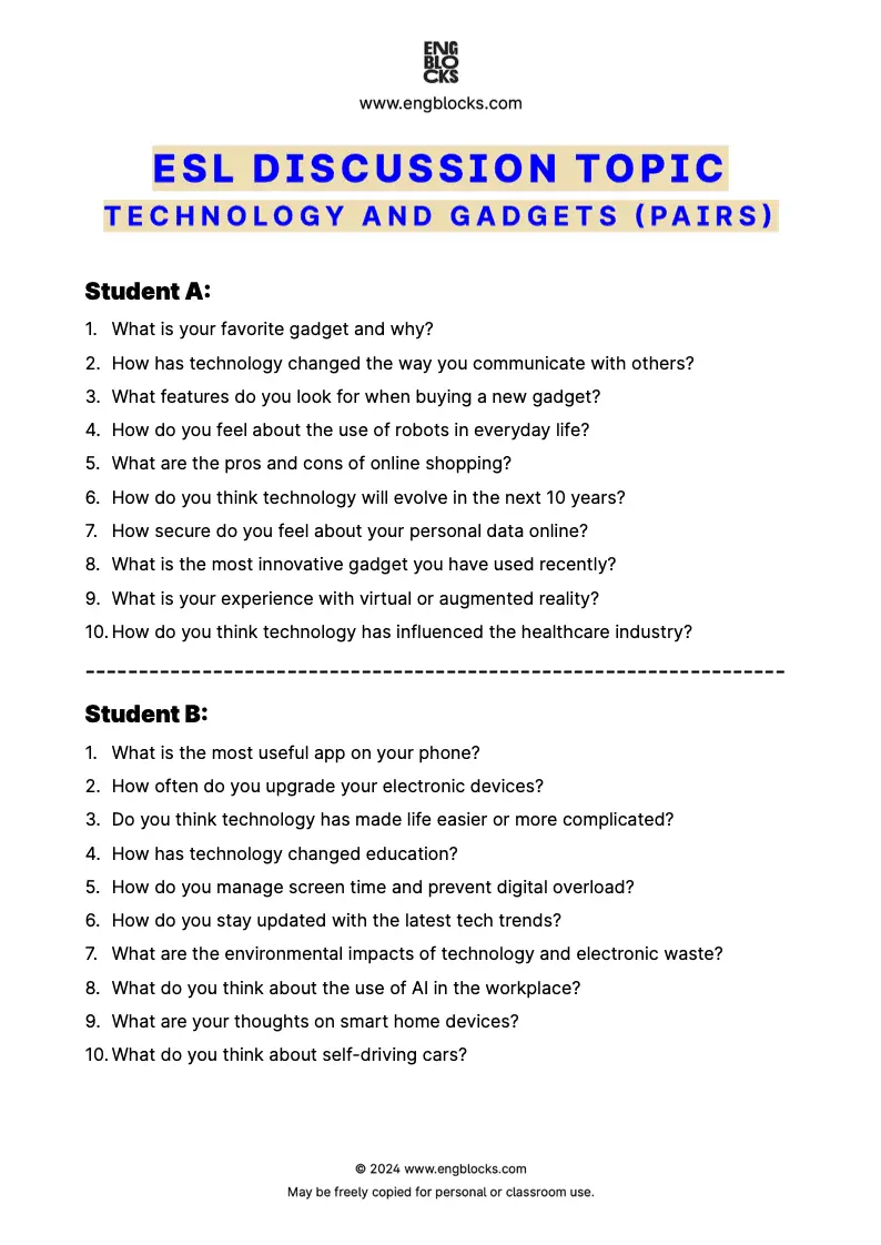 ESL Discussion Topic Worksheet about Technology and Gadgets for speaking practice in the ESL Classroom (pair work format)